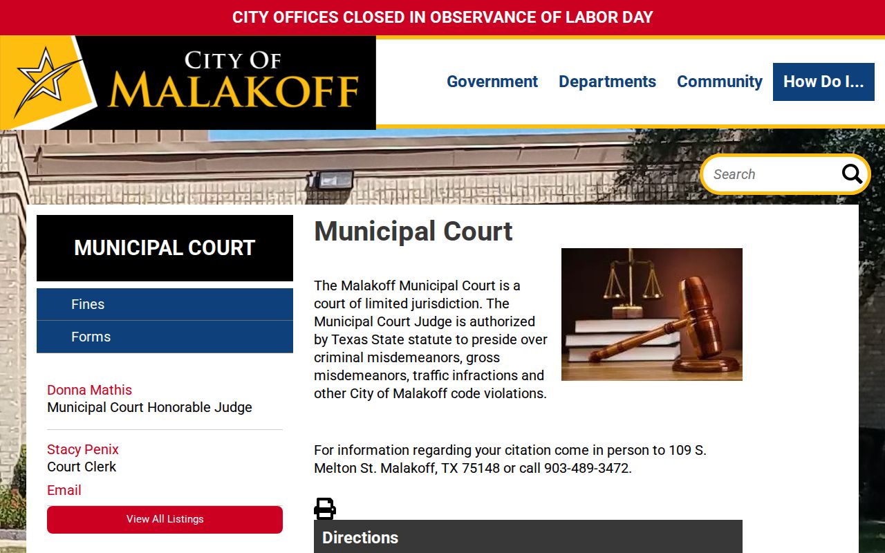 Malakoff court docket phone and in-person citation access