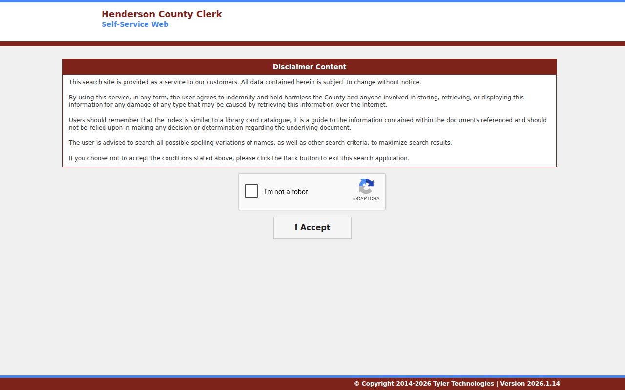 Henderson County case search self-service disclaimer and CAPTCHA